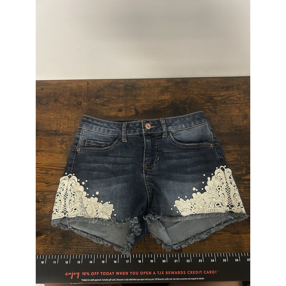 Girls Blue Denim Jean Shorts White Lace Trim & Pearl Accents Size 5 Years